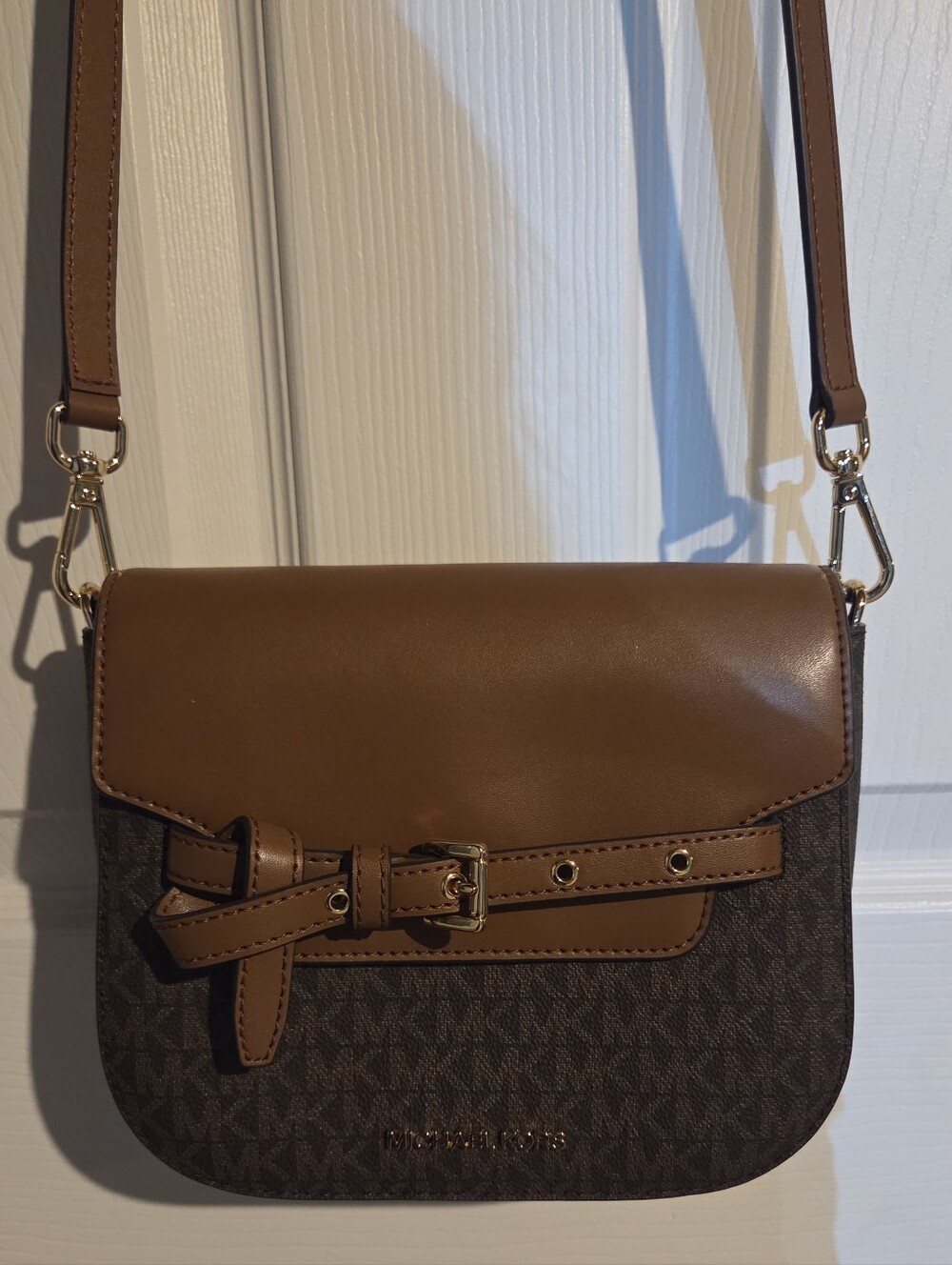 Michael Kors Cooper Logo Belted Flap Crossbody Bag Brown Acorn